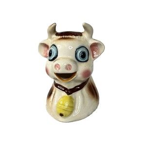 Vtg 50's ELSIE COW HEAD Creamer Yellow Bell Blue Eyes Hand Painted 4”